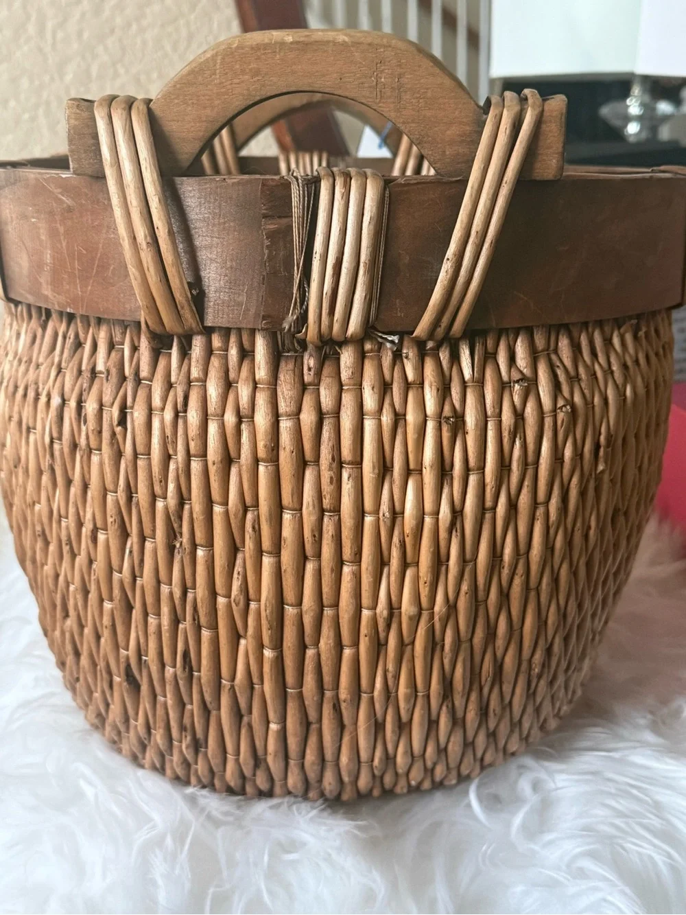 Antique Chinese Woven Willow Gathering Basket Medium Hand Carved Arched Handles